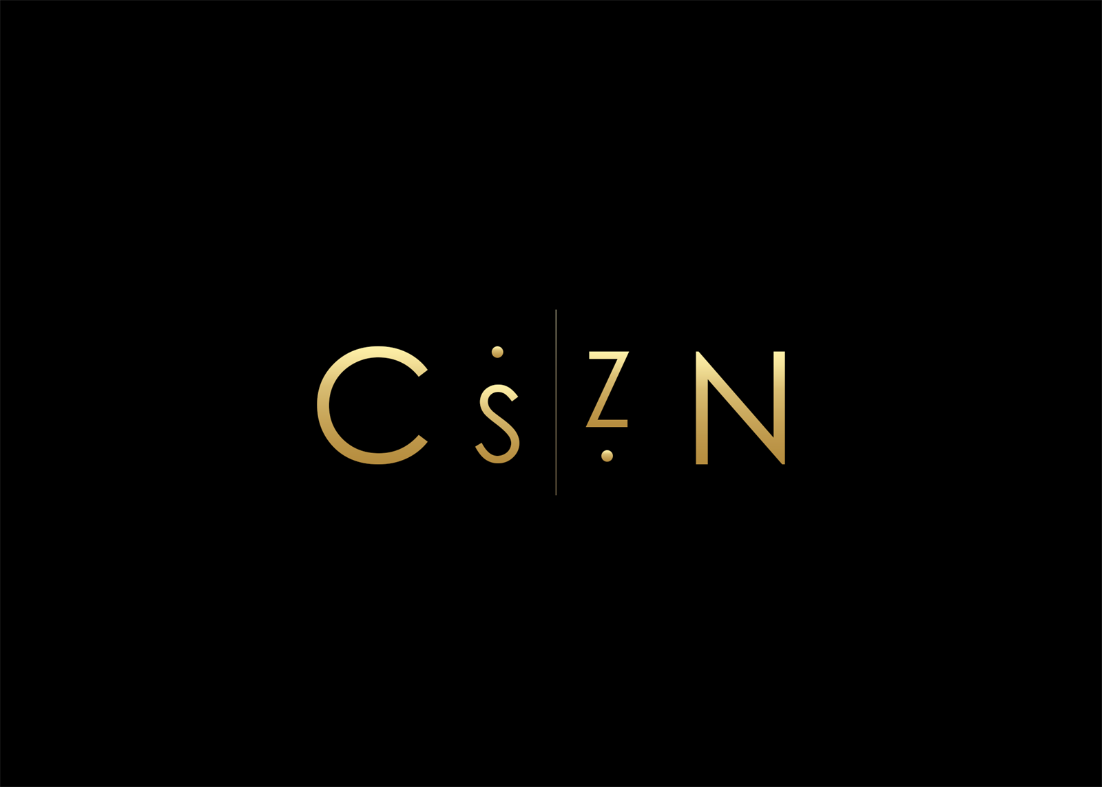 CSZN wordmark in gold on black, split by a fine vertical rule